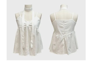 Poety Vintage Flare Ribbon Sleeveless Sleeveless Blouse Muffler Set