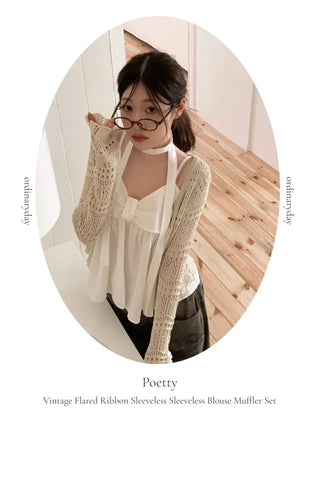 Poety Vintage Flare Ribbon Sleeveless Sleeveless Blouse Muffler Set