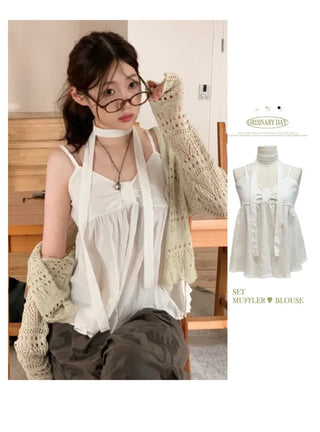 Poety Vintage Flare Ribbon Sleeveless Sleeveless Blouse Muffler Set
