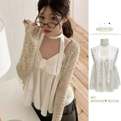Poety Vintage Flare Ribbon Sleeveless Sleeveless Blouse Muffler Set