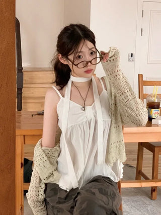 Poety Vintage Flare Ribbon Sleeveless Sleeveless Blouse Muffler Set