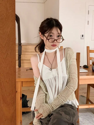 Poety Vintage Flare Ribbon Sleeveless Sleeveless Blouse Muffler Set