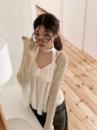 Poety Vintage Flare Ribbon Sleeveless Sleeveless Blouse Muffler Set