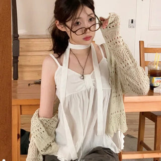 Poety Vintage Flare Ribbon Sleeveless Sleeveless Blouse Muffler Set