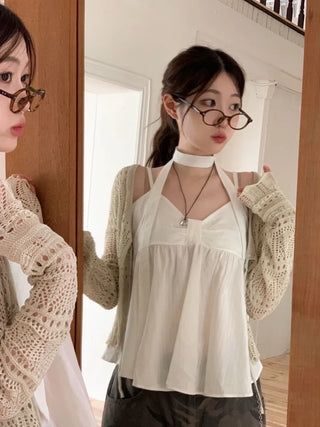 Poety Vintage Flare Ribbon Sleeveless Sleeveless Blouse Muffler Set