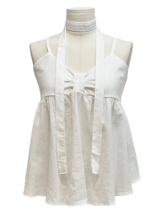 Poety Vintage Flare Ribbon Sleeveless Sleeveless Blouse Muffler Set