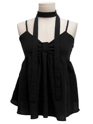 Poety Vintage Flare Ribbon Sleeveless Sleeveless Blouse Muffler Set