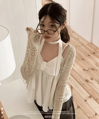 Poety Vintage Flare Ribbon Sleeveless Sleeveless Blouse Muffler Set