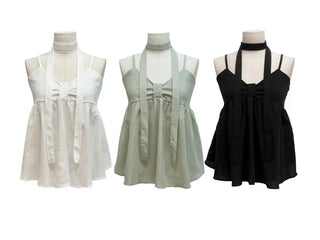 Poety Vintage Flare Ribbon Sleeveless Sleeveless Blouse Muffler Set