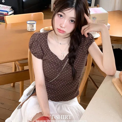 Como Vintage Dot Heart Neck Puff Sleeve Short Sleeve T-Shirt