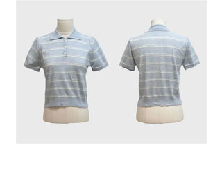 Luapi Stripe Collar Neck Basic Crop Short Sleeve Knit