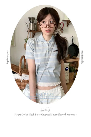 Luapi Stripe Collar Neck Basic Crop Short Sleeve Knit