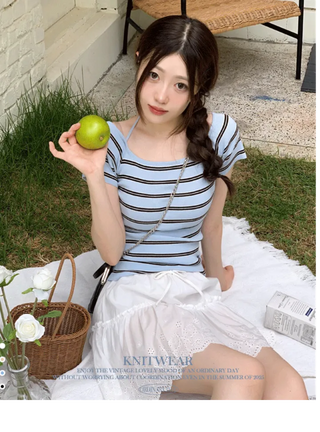 Luapi Stripe Collar Neck Basic Crop Short Sleeve Knit