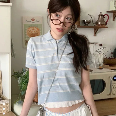 Luapi Stripe Collar Neck Basic Crop Short Sleeve Knit