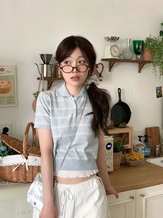 Luapi Stripe Collar Neck Basic Crop Short Sleeve Knit