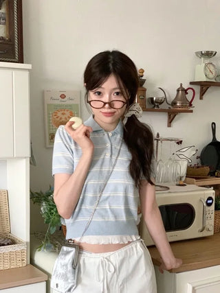 Luapi Stripe Collar Neck Basic Crop Short Sleeve Knit