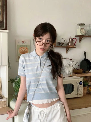 Luapi Stripe Collar Neck Basic Crop Short Sleeve Knit