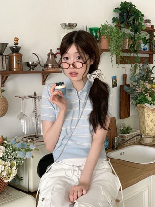 Luapi Stripe Collar Neck Basic Crop Short Sleeve Knit