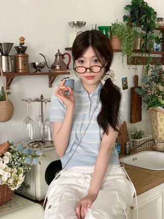 Luapi Stripe Collar Neck Basic Crop Short Sleeve Knit