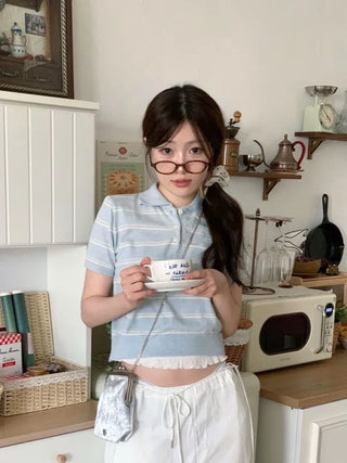 Luapi Stripe Collar Neck Basic Crop Short Sleeve Knit