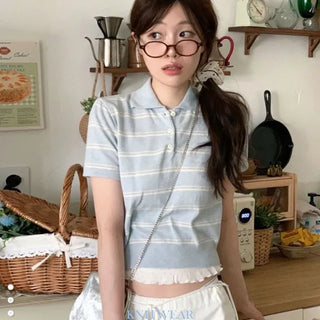 Luapi Stripe Collar Neck Basic Crop Short Sleeve Knit