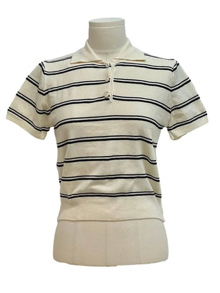 Luapi Stripe Collar Neck Basic Crop Short Sleeve Knit