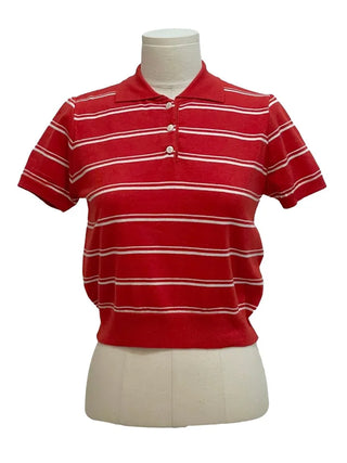 Luapi Stripe Collar Neck Basic Crop Short Sleeve Knit