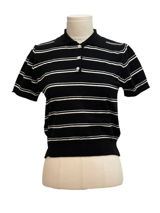 Luapi Stripe Collar Neck Basic Crop Short Sleeve Knit