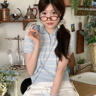 Luapi Stripe Collar Neck Basic Crop Short Sleeve Knit