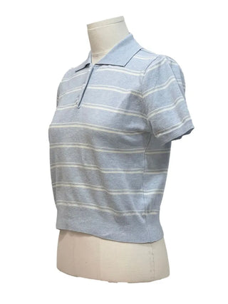 Luapi Stripe Collar Neck Basic Crop Short Sleeve Knit
