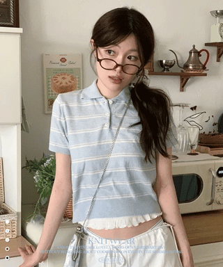 Luapi Stripe Collar Neck Basic Crop Short Sleeve Knit