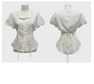 Soleil ribbon strap pin tuck slim fit button puff short sleeve blouse