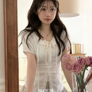 Soleil ribbon strap pin tuck slim fit button puff short sleeve blouse