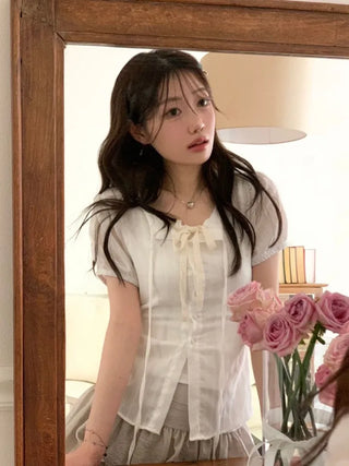 Soleil ribbon strap pin tuck slim fit button puff short sleeve blouse