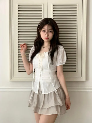 Soleil ribbon strap pin tuck slim fit button puff short sleeve blouse