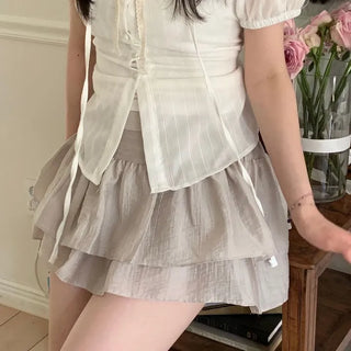 Soleil ribbon strap pin tuck slim fit button puff short sleeve blouse