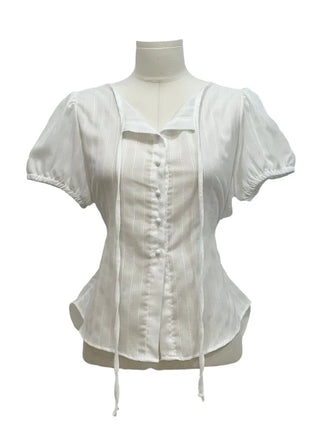 Soleil ribbon strap pin tuck slim fit button puff short sleeve blouse