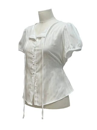 Soleil ribbon strap pin tuck slim fit button puff short sleeve blouse