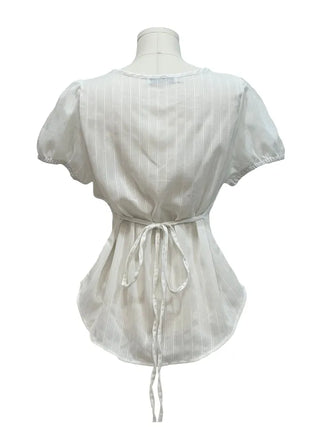Soleil ribbon strap pin tuck slim fit button puff short sleeve blouse
