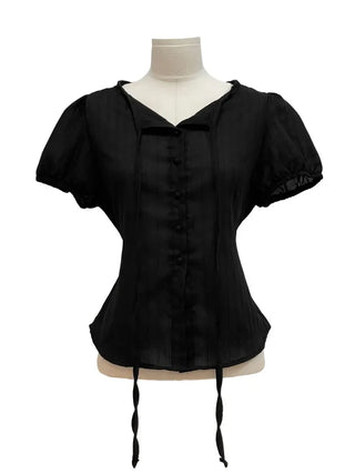 Soleil ribbon strap pin tuck slim fit button puff short sleeve blouse