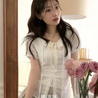 Soleil ribbon strap pin tuck slim fit button puff short sleeve blouse