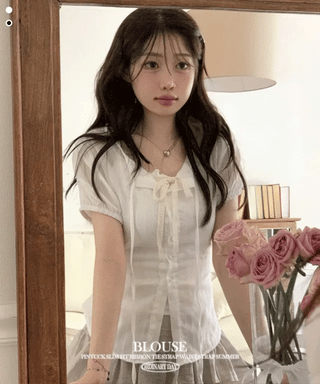 Soleil ribbon strap pin tuck slim fit button puff short sleeve blouse
