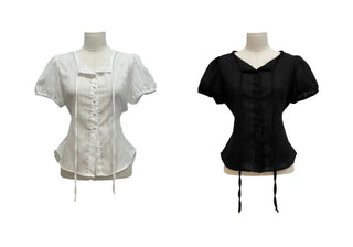 Soleil ribbon strap pin tuck slim fit button puff short sleeve blouse