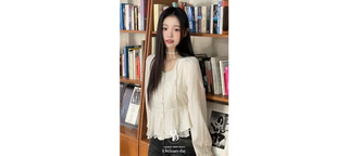Lemonyl muffler puff square neck slim frill chiffon long sleeve blouse set