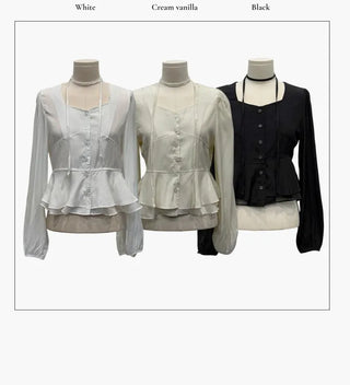 Lemonyl muffler puff square neck slim frill chiffon long sleeve blouse set