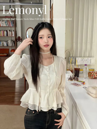 Lemonyl muffler puff square neck slim frill chiffon long sleeve blouse set