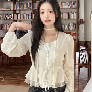 Lemonyl muffler puff square neck slim frill chiffon long sleeve blouse set