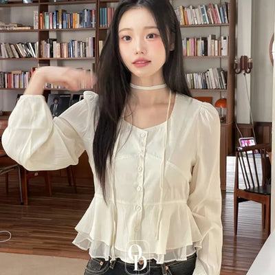 Lemonyl muffler puff square neck slim frill chiffon long sleeve blouse set