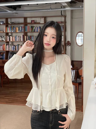 Lemonyl muffler puff square neck slim frill chiffon long sleeve blouse set