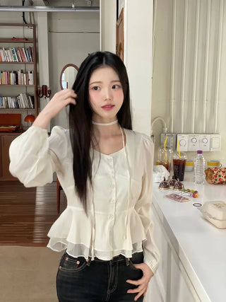 Lemonyl muffler puff square neck slim frill chiffon long sleeve blouse set